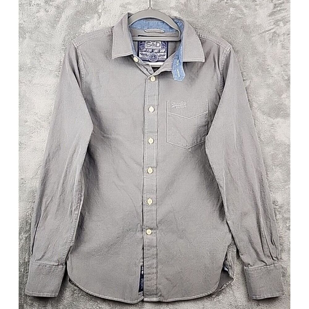 Superdry Mens Medium Gray Chamois‎ Button Shirt Pocket Long Sleeve Logo
